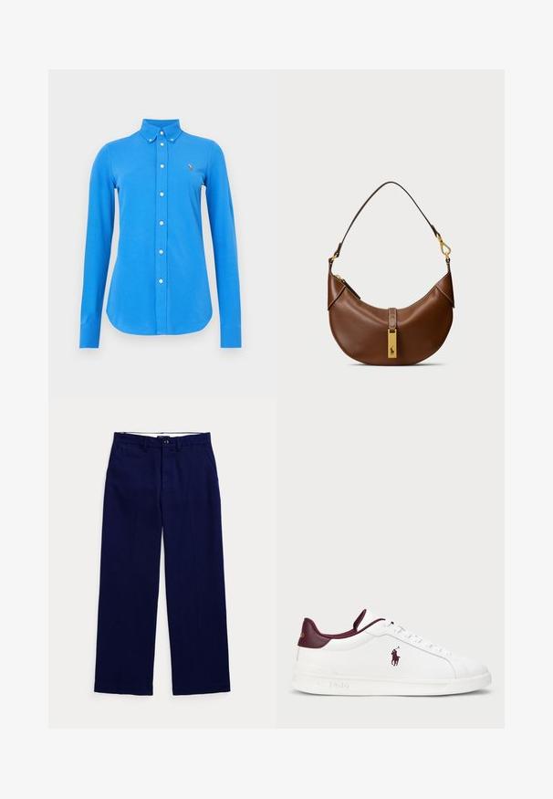 Mėlyni marškiniai ilgomis rankovėmis su apykakle su sagomis, baltos sagos ir mažas siuvinėtas logotipas kairėje krūtinės pusėje. Lygus audinio paviršius.; Balta ilgomis rankovėmis marška, pagaminta iš medvilnės, apvalia kaklaskare. Kairėje krūtinės pusėje yra mažas tamsiai mėlynas logotipas. Paprastas dizainas, reguliaraus kirpimo.; Tamsiai mėlynos tiesaus kirpimo kelnių su diržo kilpomis, mygtuko uždarymu ir šoninėmis kišenėmis ant vienodos šviesios fono.; Balti odiniai sportbačiai su bordo akcentais, apvaliu priekiniu skyriumi, iškilmingu logotipu ir lygiomis raištelėmis. Textūruotas padas ir lygaus paviršiaus detalės.; Ruda odinė petnešų kuprinė su išlenktu pavidalu, auksinės spalvos detalėmis, viršutiniu užsegimu ir logotipo akcentu. Glotni tekstūra su siūlėmis.