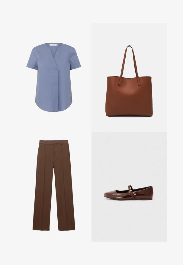 Kurzarmpullier mit V-Ausschnitt in Hellblau, mit Plissee-Detail an der Vorderseite, runder unteren Saum und glatter Textur.; Braune, weit geschnittene Hose aus glattem Material; bietet gefütterte Vorderfalten und einen flachen Taillenbund mit Gürtelschlaufen.; Braune Lackleder-Ballerinas mit quadratischer Zehenform und Riemen mit einer kleinen goldenen Schnalle. Glatte Textur, niedriger Absatz und minimalistisches Design.; Braune Leder-Tote mit glatter Textur, offenem Oberteil und zwei Schulterriemen. Verfügt über minimale Nähte und keine sichtbaren Beschläge.