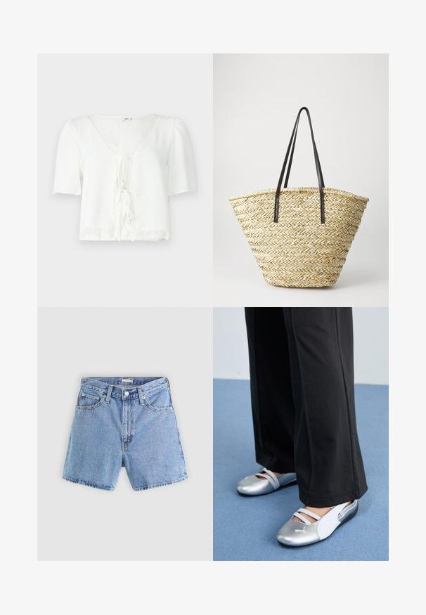 JDY JDYLION LIFE STRING - Pusero - cloud dancer; Vaaleansiniset farkkushortsit, joissa on korkea vyötärö, viisi taskua, näkyvät tikkauslangat ja rispaantunut helma. Varustettu nappi- ja vetoketjukiinnityksellä.; Hopeiset ja valkoiset litteät kengät, joissa on ristikkäin kulkevat hihnat ja tekstuuri, täydentävät löysiä mustia housuja. Taustalla sininen lattia.; Kudottu oljetta oleva käsilaukku, jossa on leveä, kapeneva muoto ja kaksi mustaa nahkahihnaa. Luonnollinen beige väri, joka on teksturoidulla pinnalla.