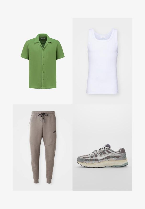 Rövid ujjú ing texturált világoszöld anyagból, gombos elejével és hegyes gallérral. A négyzetrácsos kötés dizájn fokozza a vizuális érdekességet.; Fehér pamut ujjatlan trikó kerek nyakkivágással, sima textúrával és testhezálló fazonnal, amelyet hétköznapi viseletre terveztek.; Szürke Nike melegítőnadrág húzózsinórral a deréknál, keskeny lábakkal, oldalsó zsebekkel és jellegzetes varrás részletekkel. Puha, texturált anyag.; Szürke sportcipő, hálós és velúr felsőrésszel, fehér részletekkel, párnázott talppal és jellegzetes dizájnnal, amely visszaverő elemeket tartalmaz.