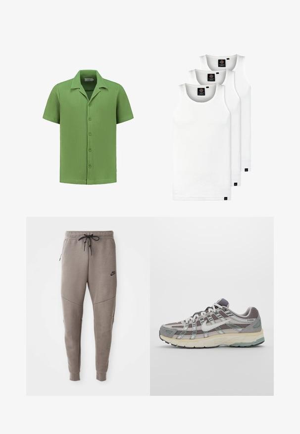 Trumpas rankovėmis marškiniai iš tekstūruoto šviesiai žalios medžiagos, su mygtukų užsegimu priekyje ir smailiu apykakle. Vaflinio rašto dizainas prideda vizualinio susidomėjimo.; Trys balti, dryžuoti marškiniai be rankovių, pagaminti iš medvilnės. Yra apvalus kaklas ir maži juodi etiketės netoli siūlės. Siūlomi įvairių dydžių.; Pilkos Nike kelnės su raišteliu liemenyje, siaurėjančiomis kojomis, šoninėmis kišenėmis ir išskirtiniais siūlų detalėmis. Minkšta, tekstūruota medžiaga.; Pilkas sportinis batas su tinklu ir zomšos viršutine dalimi, baltomis detalėmis, paminkštintu padu ir išskirtiniu dizainu su atspindinčiais elementais.