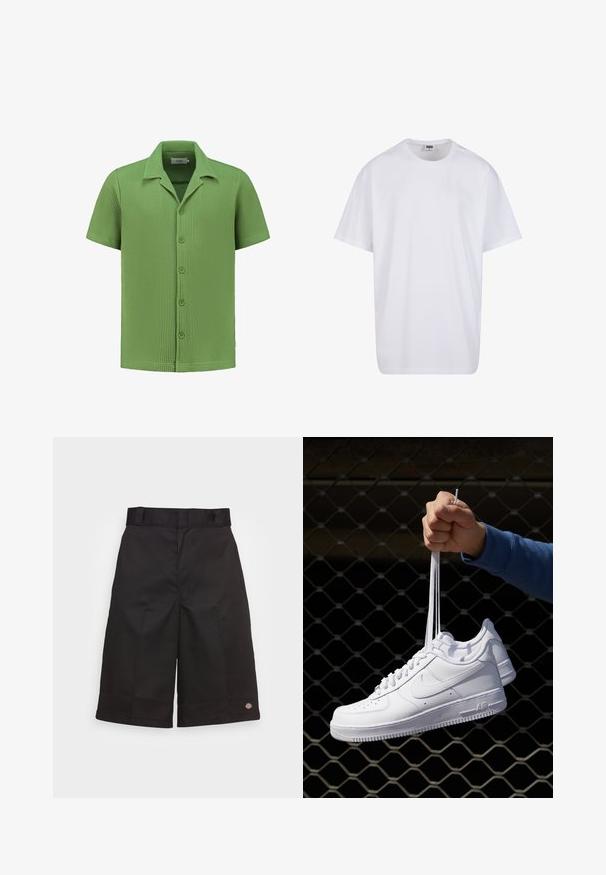 Lyhythihainen paita, joka on valmistettu tekstuurisesta vaaleanvihreästä kankaasta. Paidassa on nappiyksityiskohta ja terävä kaulus. Vohvelikuviointi lisää visuaalista mielenkiintoa.; Valkoinen puuvillainen t-paita, jossa on lyhyet hihat, pyöreä kaula-aukko, rento istuvuus ja ei näkyviä logoja tai kuvioita. Sileä pinta ja minimaalinen muotoilu.; Mustat puuvillahousut, suoralla leikkauksella, polvipituiset, joissa on näkyvä brändilogo helman kohdalla ja sileä pinta.; Valkoiset nahkasneakersit, joissa on rei'ityksiä, pyöreä kärki, tasapohja ja paksut nauhat, joissa on näkyvä swoosh-logo ja "AIR" kantapäässä.