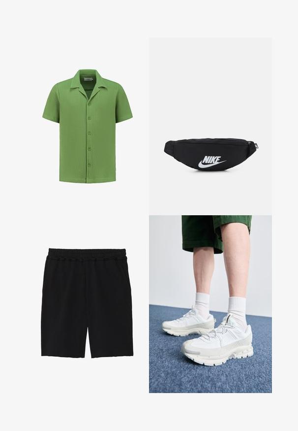 Rövid ujjú ing texturált világoszöld anyagból, gombos elejével és hegyes gallérral. A négyzetrácsos kötés dizájn fokozza a vizuális érdekességet.; Fekete pamut sz Bermuda sort elasztikus derékkal, két oldalsó zsebbel, laza fazonnal és nyers szélekkel az alján, melyek laza megjelenést kölcsönöznek.; Fehér sportcipők texturált burkolattal, vastag talppal és szürke részletekkel. Fehér sportzoknival és zöld rövidnadrággal viselve, kék felületen.; Fekete nylon övtáska cipzáras záródással, nagy fehér Nike logóval. Simma textúra és ergonómikus kialakítás a kényelmes viselet érdekében.