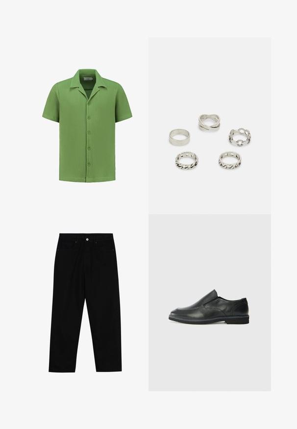 Īsām piedurknēm krekls no teksturēta gaiši zaļa auduma, ar pogu fasādi un norādītu apkakli. Vafeles adījuma raksts piešķir vizuālu interesantumu.; Melni džinsi ar taisnu kāju griezumu, piecu kabatu dizainu un priekšēju pogu aizdari. Gluda tekstūra ar minimālu šuvju detaļu skaitu.; Melnas ādas slip-on kurpes ar gludu augšdaļu, izšūtām akcentiem, noapaļotu purngala daļu un zemu gumijas papēdi. Zole ar minimālu rakstu.; Piecu sudraba gredzenu komplekts ar dažādiem dizainiem: gluds gredzens, savītas raksts, austs tekstūras, un divi ar izgriezumiem.