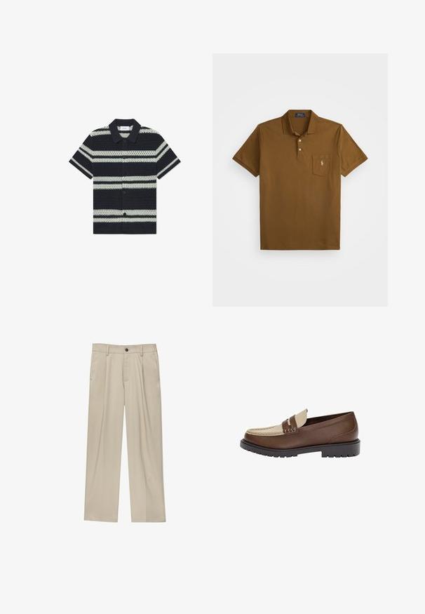 Lyhythihainen mustavalkoraidallinen paita, jossa on kaulus, tekstuurinen kuosi ja napitus edessä.; Ruskea poolopaita, joka on valmistettu puuvillasta ja jossa on kaulus, kaksi nappia edessä sekä vasemmassa rinnassa tasku, jossa on brodeerattu logo. Lyhyet hihat.; Beige-housut suoran leikkauksen omaavina, joissa on yksi musta nappi, vyölenkit ja sivutaskut. Sileä kangas ja minimalisti muotoilu.; Ruske nahkasaapad, joissa on bež nahkaa korostava yksityiskohta ja ommeltu koristelu. Varustettu matalalla, tekstuurilla mustalla pohjalla ja klassisella muotoilulla.