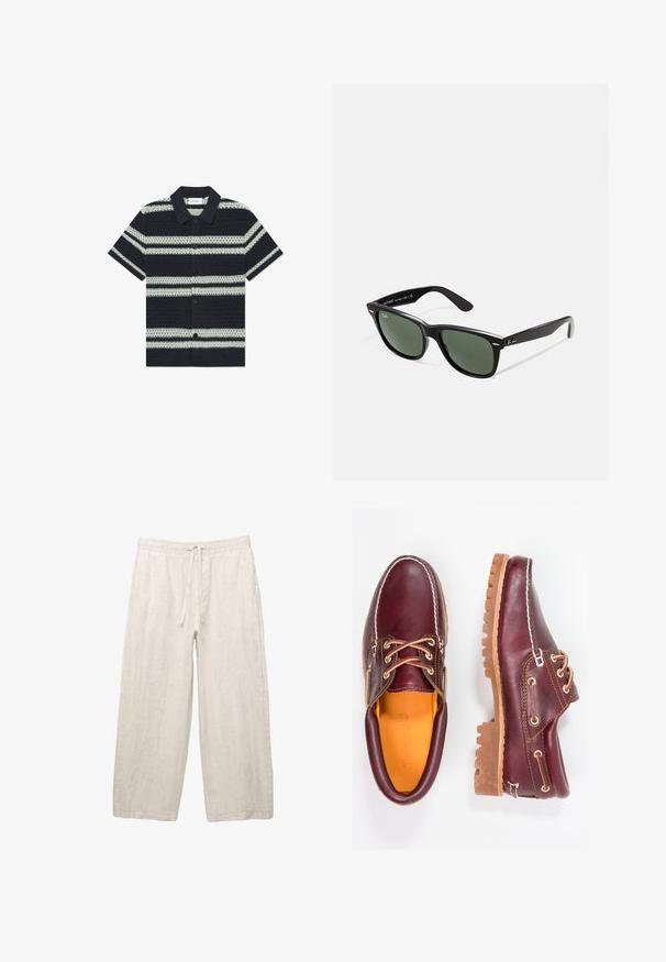 Svart och vit randig kortärmad skjorta med krage, med en strukturerad mönster och knappstängning framtill.; Linnebyxor i ljusbeige, med resårmidja och dragsko, vid bendesign och sidofickor. Slät textur.; Burgundy läderskor med bruna gummisulor, rund tå, vit söm och gyllene öljetter. Inredningen har en gul foder.; Svarta plastsolglasögon med gröna linser, fyrkantiga bågar, silverdetalj på ögonbrynet och texturerade skalmar. Angiven märkning på den inre skalmen.