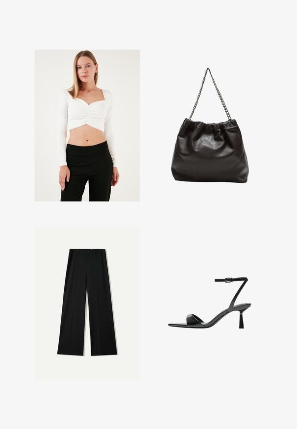 Bílý dlouhý rukáv crop top s čtvercovým výstřihem a nařaseným detailem uprostřed, v kombinaci s černými kalhotami s vysokým pasem. Hladká textura.; Bershka WIDE - Kalhoty - black; Bershka Sandály na vysokém podpatku - black; Hnědá kožená taška se sbíraným vrškem a řetízkovým popruhem. Hladký povrch s lesklým finišem a jemným švem na bocích.