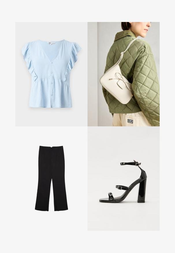 Light blue blouse made of soft fabric, featuring a V-neck, ruffled sleeves, a button front, and a gathered waist detail.; Black trousers with a straight fit, featuring front pockets and side slits at the hem. Made of soft, smooth fabric. Suitable for various occasions.; Black patent heeled sandals with a square toe, ankle straps, and silver buckles. Features a chunky block heel for stability.; Beige leather crossbody bag with a bow detail, gold hardware, and a single adjustable strap, worn over a green quilted jacket.