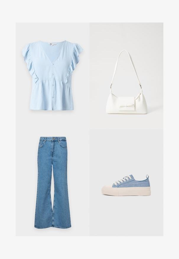 Light blue blouse made of soft fabric, featuring a V-neck, ruffled sleeves, a button front, and a gathered waist detail.; Light blue flared jeans made of denim, featuring a high waist, five pockets, and a single button closure. Soft texture with faded finish.; Light blue canvas sneakers with a cream rubber toe cap and outsole, featuring white laces and a pull tab on the heel.; White synthetic handbag with a triangular shape, flat front flap and bow detail, adjustable strap, smooth texture, and minimalistic design.