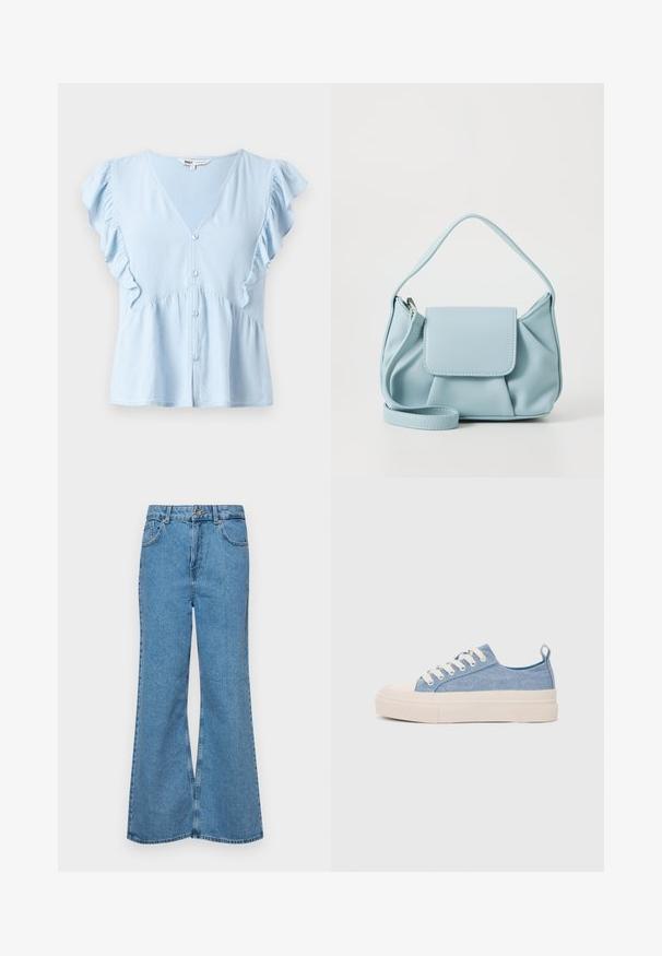 Blouse bleu clair en tissu doux, avec un col en V, des manches volantées, un bouton sur le devant et un détail de taille froncée.; Jean flare bleu clair en denim, avec une taille haute, cinq poches et une fermeture à un bouton. Texture douce avec une finition décolorée.; Baskets en toile bleu clair avec une coque en caoutchouc crème et une semelle extérieure, dotées de lacets blancs et d'une languette au talon.; Sac à main en cuir bleu clair avec une anse supérieure, poche à rabat avant et bandoulière amovible sur fond blanc.