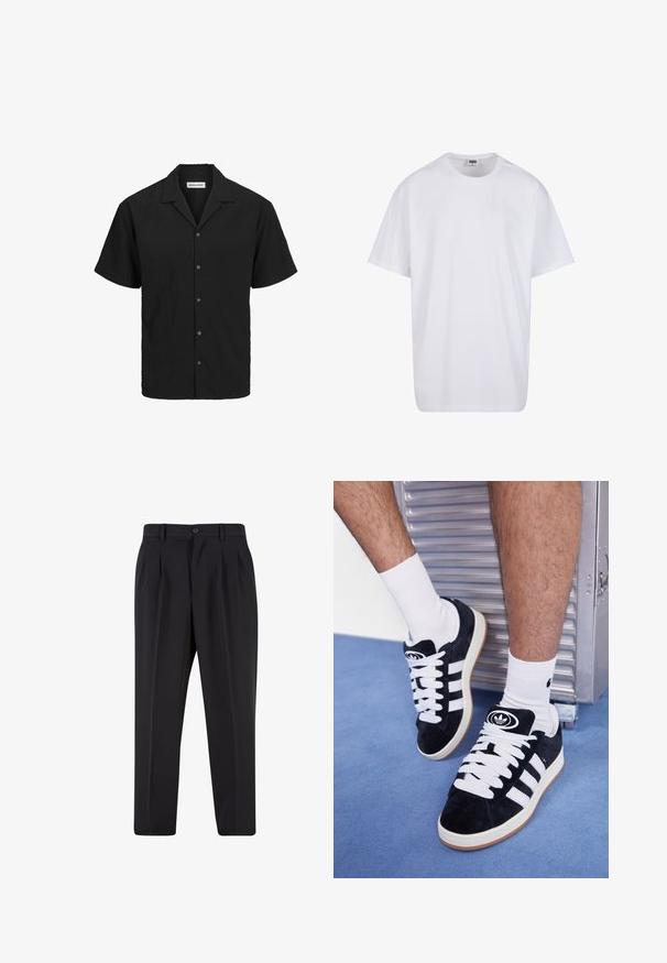 Camicia a maniche corte con bottoni di colore nero, realizzata in un tessuto testurizzato, con colletto alla francese e cinque bottoni coordinati lungo la parte anteriore.; Maglietta bianca in cotone con maniche corte, scollatura rotonda, vestibilità comoda e senza loghi o motivi visibili. Texture liscia e design minimale.; Pantaloni neri con design a pieghe sul davanti, realizzati in tessuto morbido. Presentano una chiusura con bottone e passanti per cintura; vestibilità a gamba dritta.; Sneakers in suede nero con lacci bianchi e tre strisce bianche. Presentano un logo circolare nero sulla linguetta e una suola in gomma color gomma.