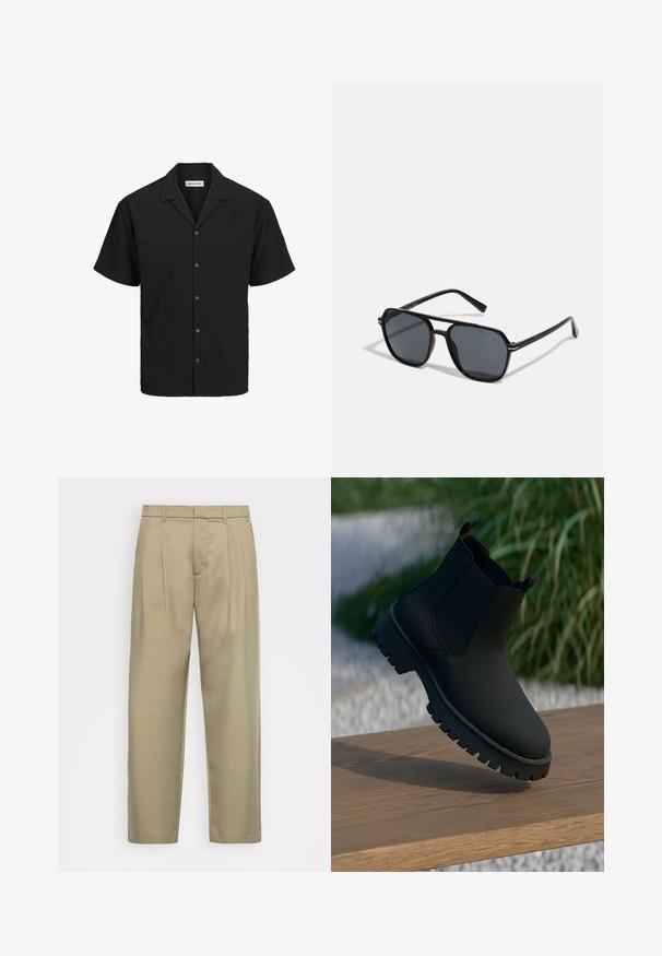 Korte-mouw overhemden in zwart met een gestructureerde stof, een camp-kraag en vijf bijpassende knopen aan de voorkant.; Beige, hoge taille broek met een rechte snit, voorzien van een platte voorkant, zijzakken en een gladde, gestructureerde stof.; Zwarte enkelboot met een gladde afwerking, elastische zijpanelen en een dikke, robuuste zool. Geplaatst tegen een natuurlijke achtergrond op een houten oppervlak.; Zwarte zonnebril met een octagonaal frame, donkere lenzen, glanzende afwerking, dunne tempels en gouden accenten aan de voorkant.