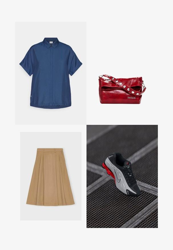 Marineblauwe overhemd met korte mouwen, gemaakt van een gladde stof. Kenmerkt zich door een klassieke kraag, een sluiting met knopen aan de voorkant en een relaxte pasvorm met een rechte zoom.; Knielange, geplooide rok van lichtbruin katoen, met een aansluitende tailleband met riemlussen en een rechte zoom.; Zwarte en grijze sportieve schoen met een rode dempende zool, zwarte veters en een swoosh-logo, rustend op een metalen rasteroppervlak.; Rode synthetische leren schoudertas met een omslagflap, zilveren drukknoopaccenten op de band, en een bedrukte "Desigual" logo.