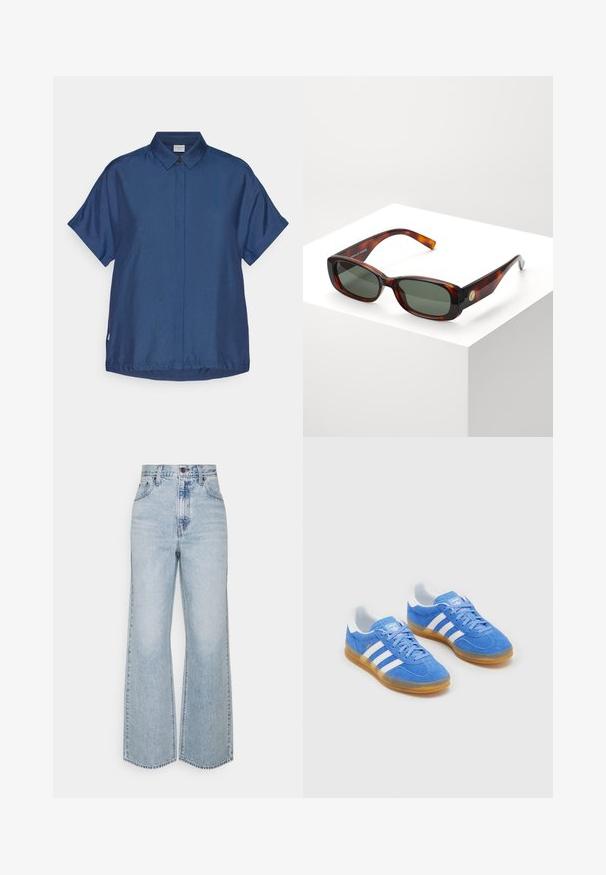 Jūras zila īsām piedurknēm krekls, kas izgatavots no gludas auduma. Iespējas klasiskā apkakle, priekšējā pogu aizdare un brīvs piegriezums ar taisnu apakšmalu.; Gai zilā denima platā kāju bikses ar augstu jostasvietu, klasisku piecu kabatu dizainu un kontrastējošiem šuvumiem. Neapstrādāts apakšējais maliņš.; Zilas zamšādas sporta apavi ar baltām svītrām, gumijas zole un mīksta apkakle komfortam. Iezīmē klasisku stīgšanas dizainu.; Bruņurupuča apvalka taisnstūra formas saulesbrilles ar zaļiem glāzēm. Plaša apdare, gluda virsma, zelta akcents sānos un šauri tempļi.