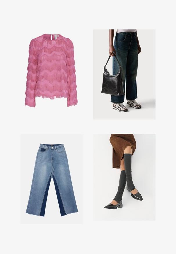 Rosa bluse med bølgete frynsekant, lange ermer og rund hals med en bakre nøkkelhullåpning. Laget av lett materiale.; Lyseblå vide jeans med kontrasterende mørkeblå paneler, frynset søm og vanlig liv med metallknapp-lukking.; Sorte lakkpumps med spiss tå, blokkhel, og ankelstropp, kombinert med grå ribbestrikkede beinvarmere og et brunt semsket skinn skjørt.; Sort skinnveske med en glatt tekstur og justerbar stropp, kombinert med falmede vide jeans og atletiske sneakers.