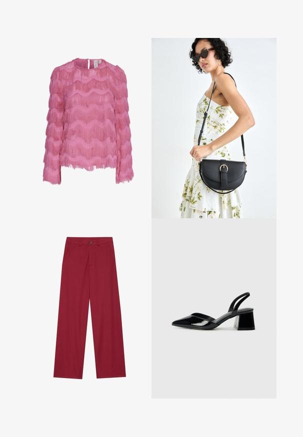 Rosa bluse med bølgete frynsekant, lange ermer og rund hals med en bakre nøkkelhullåpning. Laget av lett materiale.; Vide ben bukser laget av glatt, teksturert stoff i en dyp rød farge. Har frontlommer og en enkelt knappelukking i midjen.; Svarte patentlær slingback hæler med spiss tå og geometrisk blokk hæl. Har et stilrent, minimalistisk design og jevn tekstur.; Svart lærveske med en buet form, avtagbar stropp og gullbeslag. Vesken har et klaff med spenne-detall.