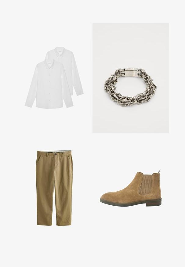 Due camicie bianche a maniche lunghe con bottoni, realizzate in un tessuto liscio, dotate di un colletto classico e di una chiusura frontale a bottoni, con una trama uniforme.; Chino color khaki realizzati in cotone misto, dotati di due tasche laterali, chiusura con bottone, gambe dritte e una texture liscia.; Stivale Chelsea in suede color tan con pannelli elastici laterali, punta rotonda e un tassello di pull; suola di gomma resistente e dettagli in tessuto testurizzato.; Bracciale in metallo argenteo, con design intrecciato e filamenti testurizzati, chiusura a gancio. Finitura liscia con superfici riflettenti.