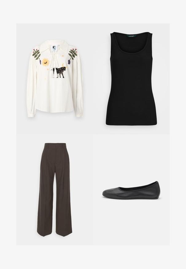 White long-sleeve blouse with a pointed collar, featuring multicolored embroidered motifs including a cow, sun, and leaves. Tasseled drawstring closure.; Black ribbed tank top with a rounded neckline, fitted shape, and seamless edges. Fabric is soft and stretchy. Label reads "LAUREN."; Dark brown wide-leg trousers with a high waist, featuring neatly pressed creases, smooth texture, and a tailored fit.; Black leather ballet flat with a rounded toe, smooth texture, minimal stitching detail, and a flexible sole design.