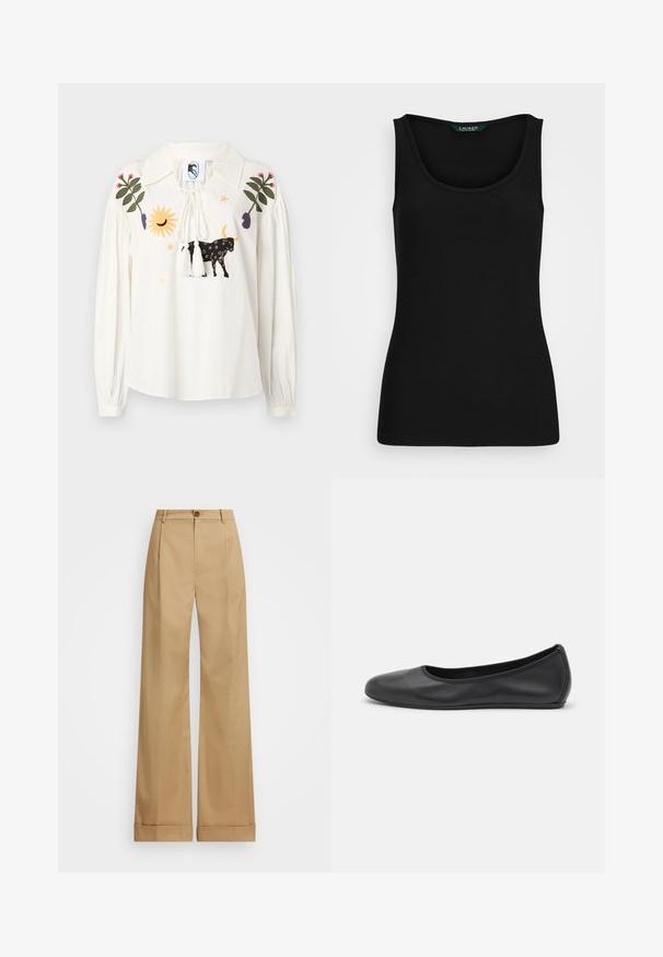 White long-sleeve blouse with a pointed collar, featuring multicolored embroidered motifs including a cow, sun, and leaves. Tasseled drawstring closure.; Black ribbed tank top with a rounded neckline, fitted shape, and seamless edges. Fabric is soft and stretchy. Label reads "LAUREN."; Beige wide-leg trousers with a button closure, featuring a smooth texture and pressed creases. Cuffed hems for added detail.; Black leather ballet flat with a rounded toe, smooth texture, minimal stitching detail, and a flexible sole design.