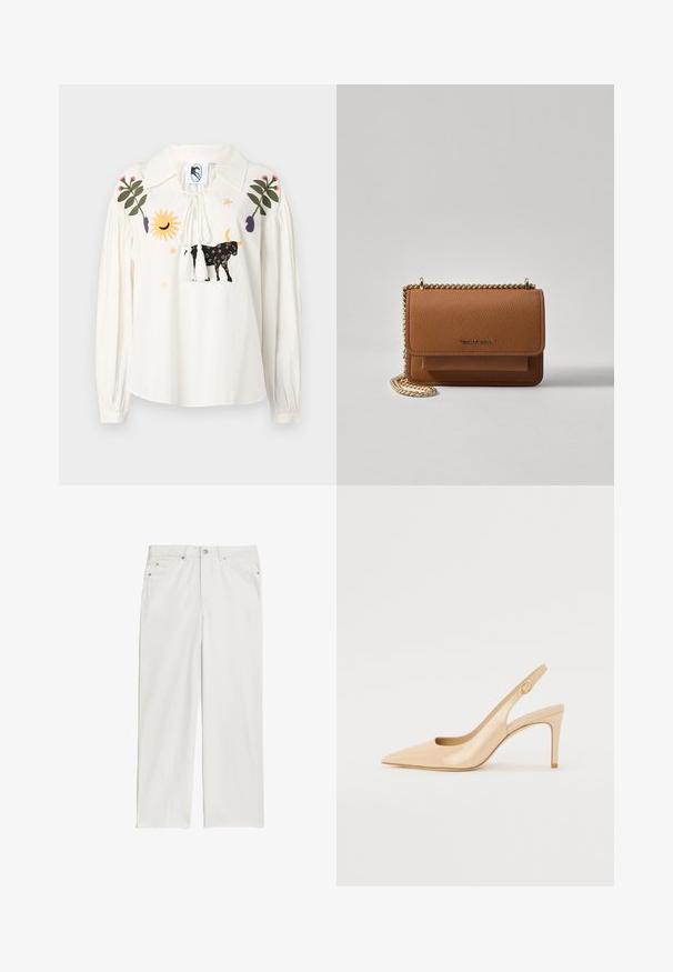 Weiße Langarmbluse mit einem spitzen Kragen, verziert mit mehrfarbigen gestickten Motiven, darunter eine Kuh, eine Sonne und Blätter. Mit einer gefransten Kordelzugverschlus.; Weiße Denim-Jeans im Straight-Leg-Design, mit Fronttaschen und Metallknopf-Akzenten. Glatte Textur mit minimalen Nähdetails.; Nude patentleder Slingback-Absatzschuh mit spitzer Zehenpartie, offenem Vorderblatt und dünnem Stiletto-Absatz. Verfügt über ein kreisförmiges goldfarbenes Akzent auf dem Riemen.; Braune strukturierte Ledertasche mit goldener Kettenriemen und Klappenverschluss. Die Vorderseite zeigt ein Logo-Detail und eine Tasche unter der Klappe.