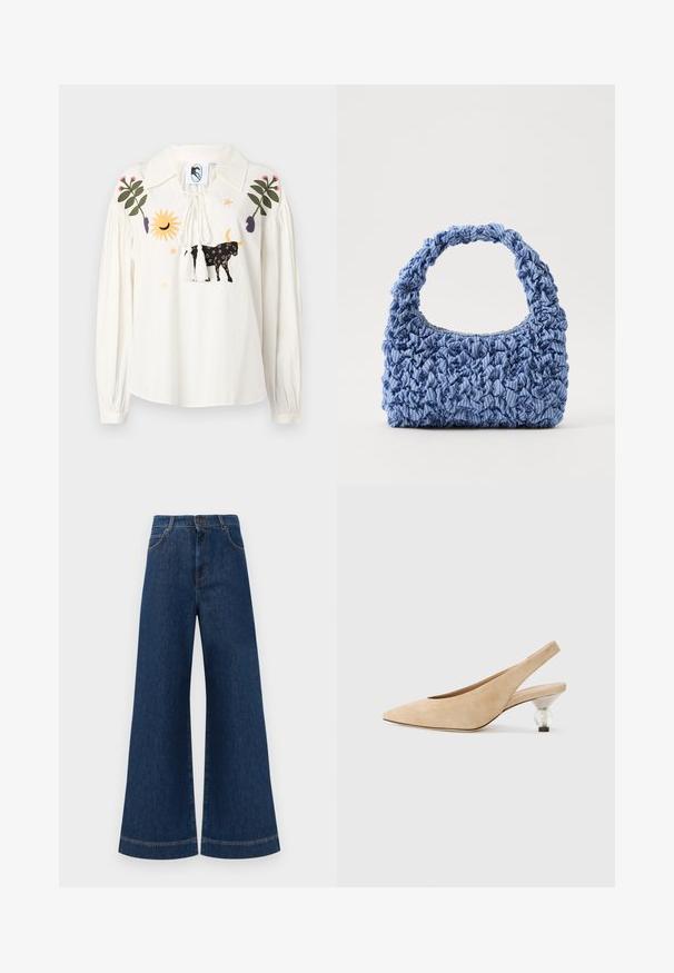Fehér hosszú ujjú blúz, hegyes gallérral, melynek több színben hímzett motívumai vannak, beleértve egy tehenet, napot és leveleket. Bojtos zsinóros rögzítés.; Magas derekú, széles lábú kék farmernadrág, gombos záródással, övhurkokkal és diszkrét varrási részletekkel a zsebeknél és a szegélyeknél.; Beige bőrből készült slingback cipő hegyes orral és átlátszó, kerek sarokkal. Simás textúra és minimalista forma.; Kék szövet táska, gyűrt textúrával és vastag, fodros fogantyúval. Finom csíkos minták díszítik. Kompakt, téglalap alakú.