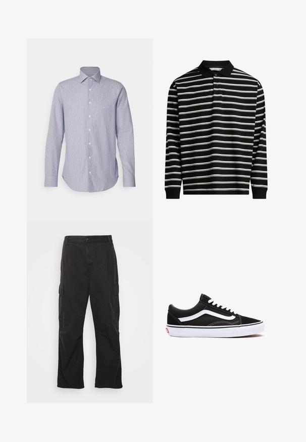 Camicia a maniche lunghe a righe blu chiaro e bianche con colletto a bottoni, bottoni frontali e orlo curvo. Tessuto morbido.; Polo a maniche lunghe realizzato in tessuto nero con righe orizzontali bianche, dotato di colletto e patta con tre bottoni.; Pantaloni cargo neri con design a gamba dritta, dotati di due tasche laterali, chiusura con bottone e un tessuto testurizzato.; Sneaker nera in tela con accenti bianchi, caratterizzata da punta arrotondata, design con lacci e suola in gomma. Logo laterale e dettagli di cucitura visibili.