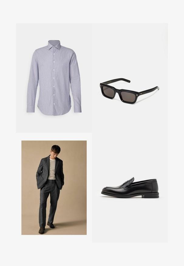 Lichtblauw en wit gestreept overhemd met lange mouwen, een button-down kraag, knopen aan de voorkant en een gebogen zoom. Zachte stoftextuur.; Grijs op maat gemaakte pak met notch revers en voorzakken, gecombineerd met een gestreept shirt. De broek heeft een ontspannen pasvorm en een vouwdetail. Bruine schoenen.; Zwarte leren instappers met een gladde textuur, ronde neus en een decoratieve band over de wreef. Lage, gestapelde hak en minimalistisch ontwerp.; Zwarte rechthoekige zonnebril met donkere lenzen, een dik plastic montuur, gouden accenten op de veren en het merkembleem gegraveerd op de arm.