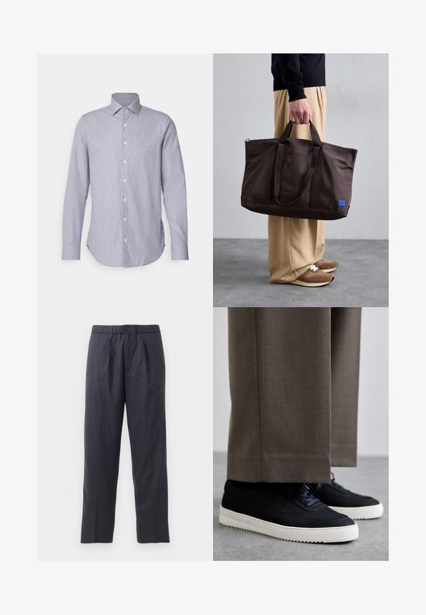 Gaiši zila un baltā svītrainā garām piedurknēm krekls ar pogām pie jostas, priekšējām pogām un izliekumu apakšmalā. Mīksta auduma tekstūra.; Tumši tumši zili bikses, kas izgatavotas no mīksta auduma ar krokām priekšpusē un elastīgu jostasvietu. Iespējama pogas aizdare un taisna kāju griezums.; Melni zamšaini sporta apavi ar baltām gumijas zolēm, ar noapaļotu purngalu un auklām, valkāti ar pelēkiem piegrieztiem biksēm.; Brūns neilona iepirkumu soma ar divām rokturiem, ar rāvējslēdzēju aizvēršanu un zilu logotipa uzlīmi. Gluda tekstūra, strukturēts dizains, plašs iekšējais nodalījums.