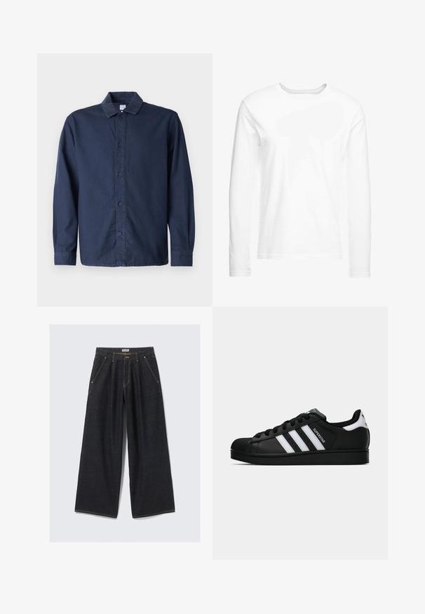Mornarska srajca s gumbki in kadljevim ovratnikom, dolgimi rokavi in ravnim robom. Narejena iz gladkega, zračnega blaga.; Dolga majica z dolgimi rokavi, izdelana iz mehkega bombaža. Okrugli izrez s ravnimi robovi in brez vidnih vzorcev ali grafik.; Temno modri široki hlače z nagubami spredaj, poševnimi žepi, okroglimi zankami in z gumbom za zapiranje v pasu, označenim z "WEEKDAY."; Črne superge Adidas Superstar z belimi črtami, zaščitnim pokrovom na prstih in napisom "Superstar" na strani, prikazane v bočnem profilu na beli podlagi.