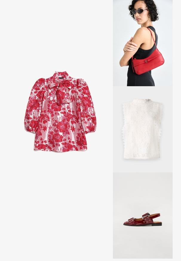 Valkoinen pitsinen hihaton paita, jossa on korkea rypytetty kaulus, kukkakuosiset yksityiskohdat ja aaltoilevat reunat, jotka tuovat lisää rakennetta ja yksityiskohtia.; Punainen kukkakuvioinen paita, jossa on pussihihat, korkea kaulus ja rusettiyksityiskohta. Valmistettu kiiltävästä kankaasta, jossa on suuri kuvio isoista kukista vaaleanpunaisella pohjalla.; Burgundy patent leather slingback-kengät, joissa on terävä kärki, kaksi säädettävää soljella varustettua hihnaa ja hopeanvärisiä yksityiskohtia.; Punainen nahkainen olkalaukku, jossa on sileä rakenne, kaareva muotoilu ja koristeellinen solki. Säädettävä hihna ja vetoketjukiinnitys.