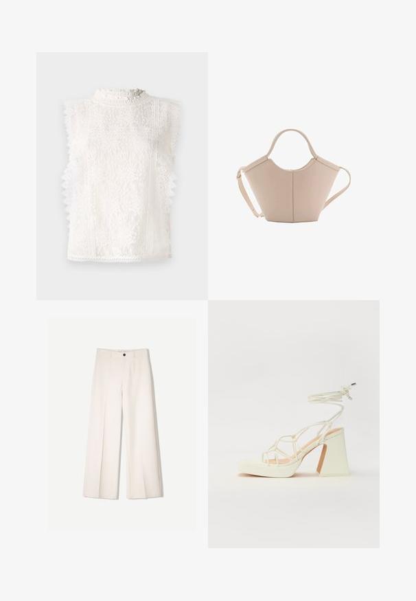 Top senza maniche in pizzo bianco con colletto arricciato alto, motivi floreali e bordi ondulati per un tocco di texture e dettaglio.; Pantaloni larghi color crema con design sartoriale, dotati di due tasche frontali e una chiusura con bottone anteriore, realizzati in tessuto liscio.; Sandalo bianco con tacco alto, caratterizzato da un design a cinturini e un legaccio alla caviglia. Texture liscia con una piattaforma frontale per un'altezza aggiuntiva.; Borsa in pelle beige con una forma unica, caratterizzata da due manici corti e una lunga tracolla regolabile. Texture liscia con hardware minimale.