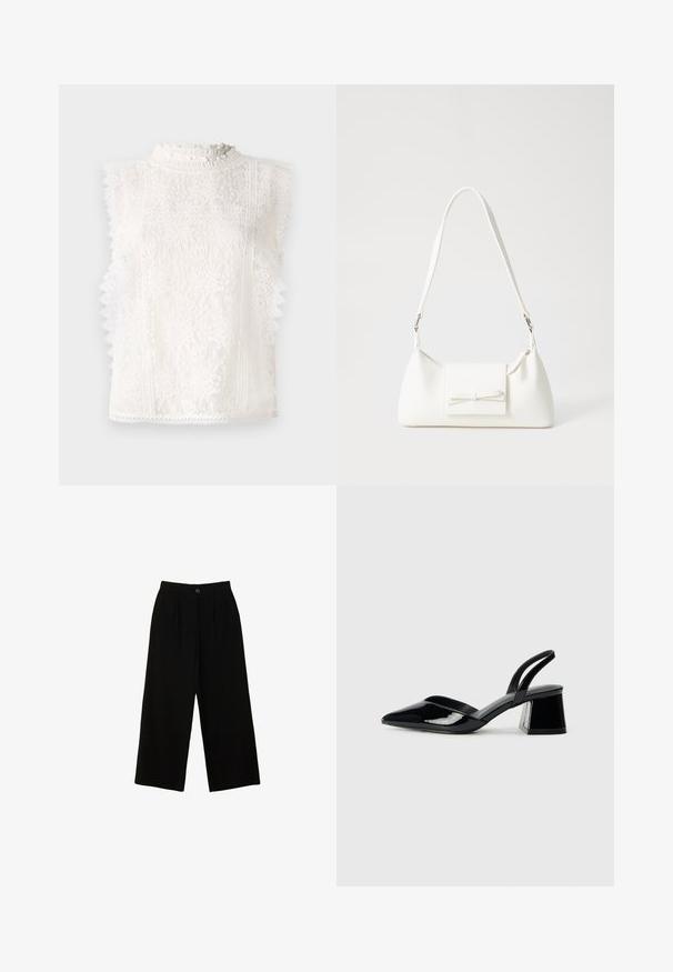 Bela čipkasta top brez rokavov z visokim volanastim ovratnikom, cvetličnimi vzorci in rečnimi robovi za dodano teksturo in podrobnosti.; Črne široke hlače iz gladkega materiala, z visokim pasom, sprednjim naborom in enim zgornjim gumbom za zapiranje.; Črne lakirane slingback pete s koničastim nosom in geometrijsko blokasto peto. Imajo eleganten, minimalističen dizajn in gladko teksturo.; Bela sintetična torbica v obliki trikotnika, z ravnim sprednjim poklopcem in detajlom mašne, nastavljivim trakom, gladko teksturo in minimalističnim dizajnom.