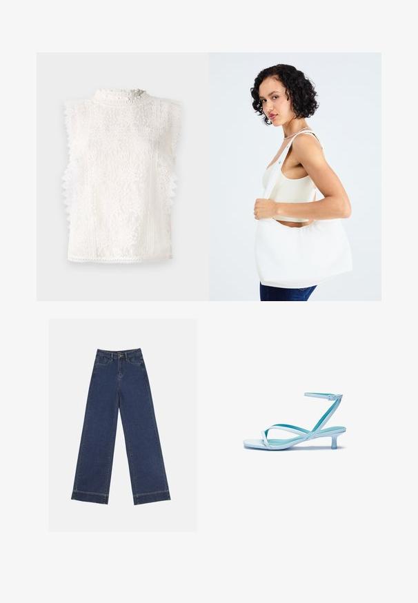Haut sans manches en dentelle blanche avec un col haut à volants, des motifs floraux et des bords festonnés pour ajouter de la texture et du détail.; Jeans à jambes larges en denim bleu foncé. Comprend cinq poches, des passants de ceinture et un ourlet brut en bas avec des détails de couture visibles.; Sandale bleu clair à lanières avec un bout carré, un petit talon, une bride ajustable à la cheville et une finition lisse et brillante. Lanières croisées sur la semelle.; Sac à épaule blanc en matériau lisse, doté d'une découpe ovale et d'une large sangle. Simple et moderne, sans quincaillerie visible.