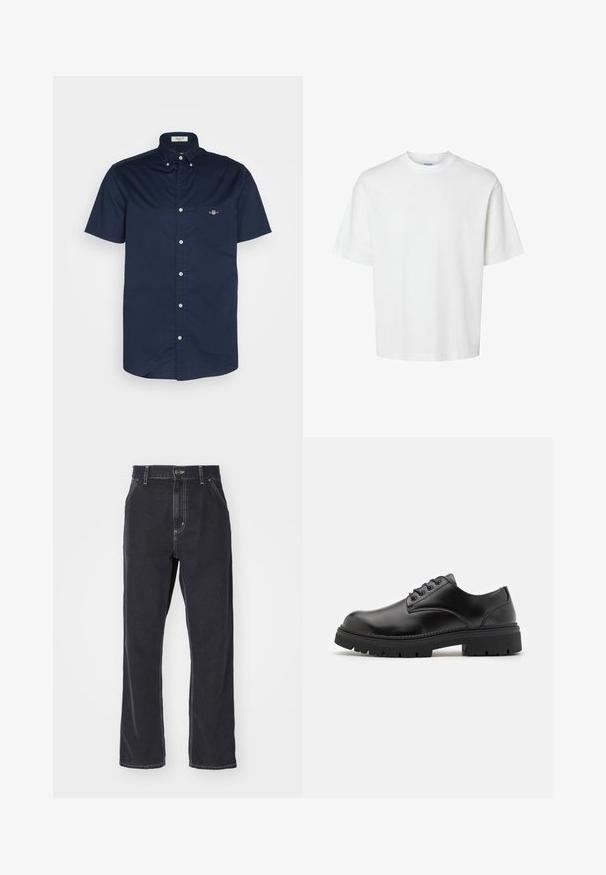 Marineblå knapp-up skjorte med korte ermer i bomull, med en lomme med en liten logo, og en sprettkrage med knappelukkinger.; Hvit bomull t-skjorte med korte ermer, rund hals og avslappet passform. Glatt tekstur uten synlige mønstre eller detaljer.; Svarte denimjeans med rett benkutt, med glidelås i front, fem lommer og kontrastsømmer langs sømmene.; Sorte lær sko med rund tå, snøring og en tykk, teksturert gummisåle. Har søm langs kanten og en glatt overflate.