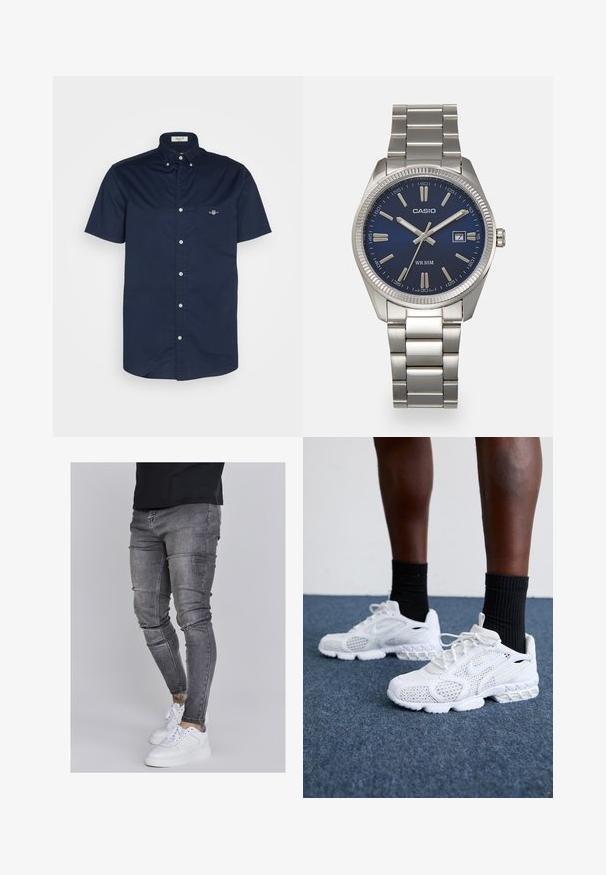 Marineblauwe short-sleeve overhemd met knopen in katoen, met een zakje met een klein logo en een spread collar met knoopsluitingen.; Skinny jeans in vervaagd grijs denim, met versleten details op de knieën, gecombineerd met witte sneakers. Gladde textuur, slank model.; Witte sportieve schoenen met een bovenkant van mesh, gemêleerde accenten en een gevoerde zool. Samengesteld met zwarte geribde enkelsokken op een blauwe tapijtvloer.; Zilveren roestvrijstalen horloge met een marineblauwe wijzerplaat, metalen uurmarkeringen en een datumnis op 3 uur. Waterbestendig tot 50 meter.