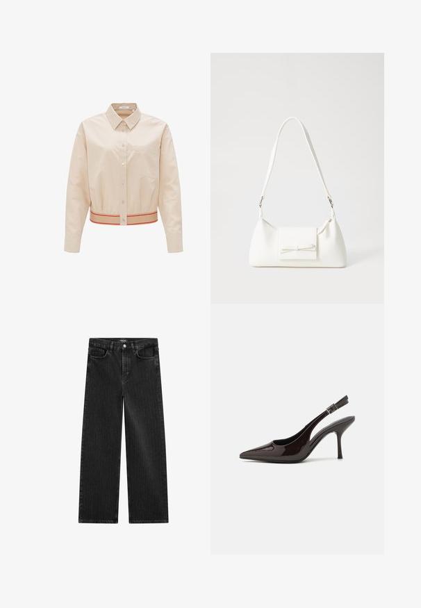 Light beige cropped shirt made of cotton, featuring a classic collar, front buttons, a chest pocket, and a contrasting red and beige striped hem.; Wide-leg black denim jeans with a subtle vertical stripe pattern, featuring five-pocket design and a classic button closure at the waist.; Slingback high-heeled shoe in glossy dark brown patent leather, pointed toe, open sides, and adjustable ankle strap.; White synthetic handbag with a triangular shape, flat front flap and bow detail, adjustable strap, smooth texture, and minimalistic design.