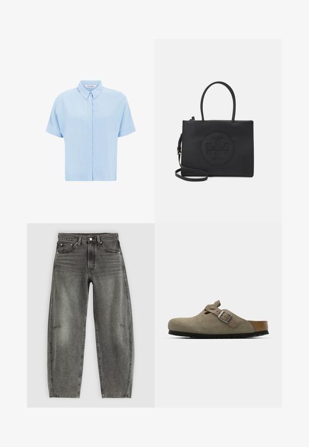 Light blue short-sleeved shirt made of soft fabric, featuring a button-down front and a classic collar. Smooth texture and relaxed fit.; High-waist grey washed denim jeans with five pockets, button closure, and a relaxed straight-leg fit.; Suede clogs in light olive green with a molded cork and rubber sole. Features a side strap with a metal buckle and a rounded toe.; Black handbag made of smooth material with dual handles, a detachable shoulder strap, and a round embossed logo detail on the front.