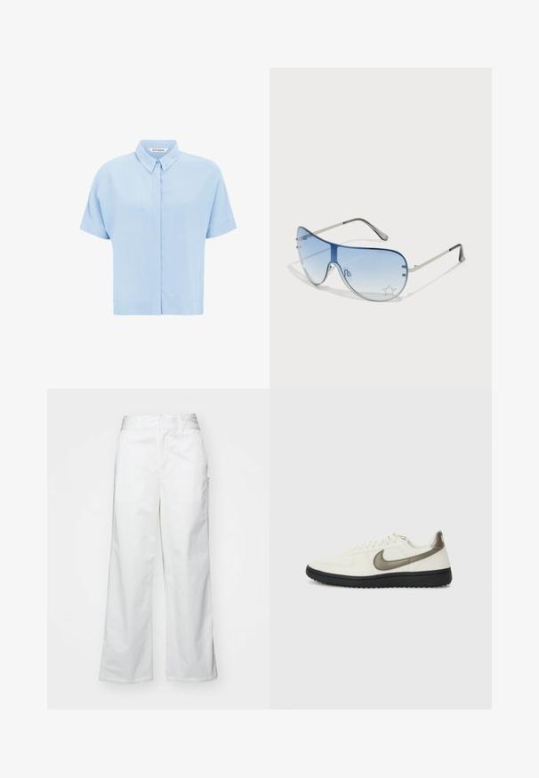 Light blue short-sleeved shirt made of soft fabric, featuring a button-down front and a classic collar. Smooth texture and relaxed fit.; White wide-leg trousers made from cotton, featuring a smooth texture, straight fit, front pockets, and a clean hem.; Nike Sportswear FIELD GENERAL - Trainers - off-white/black; Aviator sunglasses featuring a gradient blue lens, silver metal frame, and decorative star accents on the lens. Smooth and sleek design.