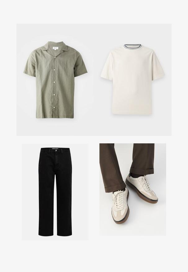 Korte mouwen, knoopshirt in olijfgroen, lichtgewicht stof met een kraag, voorzien van vijf witte knopen en een relaxte pasvorm.; Crème-kleurige katoenen t-shirt met korte mouwen, met een ronde halslijn die is accentueerd met marineblauwe en witte strepen. Soepele textuur, ontspannen pasvorm.; Zwarte denim broeken met een rechte pijp, klassieke vijf-pocket structuur en een knoopsluiting in de taille. Glad materiaal en duurzame stof.; Beige sneakers met een leren voorkant van textuur-suède, gladde leren zijkanten en een bruine rubberen zool. Veters en lichte stikseldetails inbegrepen.