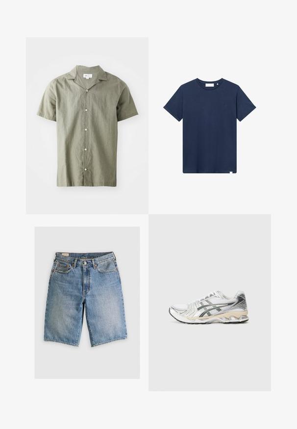 Korte mouwen, knoopshirt in olijfgroen, lichtgewicht stof met een kraag, voorzien van vijf witte knopen en een relaxte pasvorm.; Navyblauwe katoenen t-shirt met een ronde hals, korte mouwen en een klein geborduurd logo op de linkerkant van de borst. Zachte textuur.; Leren denim shorts in lichtblauw met een klassieke snit. Bevat vijf zakken, oranje stikselaccenten en ruwe zoomranden.; Witte sportieve schoen met zilveren en zwarte accenten, bovenwerk van mesh, textuurdesign, gevoerde zool en een flexibele looppatroon.