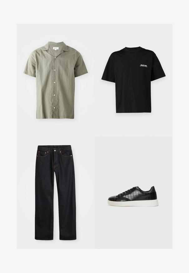 Saras piedurkņu, pogājama krekls olīvzaļā krāsā, viegls audums ar apkakli, piecas baltas pogas un brīvs piegriezums.; Melna kokvilnas T-kreklu ar īsām piedurknēm, apaļu kakla izgriezumu un baltu un zeltītu tekstu drukāšanu kreisajā krūtīs, ar brīvu piegriezumu.; Vīriešu taisno kāju melnie džinsi ar piecām kabatām un oranžu izšuvumu, ar pogu un zipa aizdari priekšējā jostas daļā.; Melni sporta apavi ar teksturētu krokodila raksta ādas augšdaļu, noapaļotu pirkstu daļu un kontrastējošu baltu gumijas zoli ar gludu virsmu.