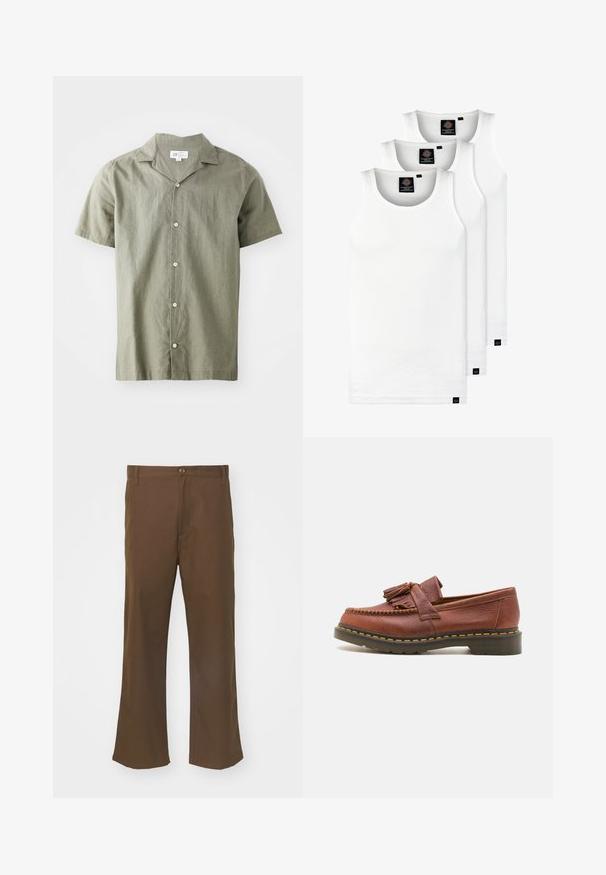 Krátký rukáv, zapínací košile v olivově zelené barvě, lehký materiál s límečkem, se pěti bílými knoflíky a volným střihem.; Tři bílé žebrované tílka vyrobené z bavlny. Mají kulatý výstřih a malé černé štítky poblíž lemu. Dostupné v několika velikostech.; Hnědé rozšířené kalhoty vyrobené ze hladké tkaniny s zapínáním na knoflík, které mají přední kapsy a rovné švy podél nohavic.; Hnědá kožená mokasína s třásňovými akcenty, texturovaným povrchem a kontrastním žlutým prošíváním podél černé gumové podrážky. Boční pohled.