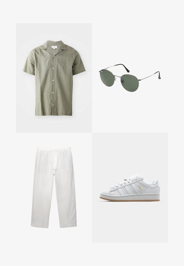 Lyhythihainen, napilla varustettu paita oliivinvihreästä, kevyestä kankaasta, jossa on kaulus. Paidassa on viisi valkoista nappia ja rento leikkaus.; Valkoinen puuvillapaita lyhyillä hihoilla, pyöreällä kaula-aukolta ja rentoa istuvuutta. Sujuva pinta ilman näkyviä kuvioita tai korostuksia.; Valkoiset pellava-housut, joissa on elastinen vyötärö ja naru, leveät lahkeet ja siistit saumat. Sileä pinta ja rento istuvuus.; Valkoiset tennarit, joissa on läpikuultava kolmiraidallinen muotoilu, tekstuuriset korostukset, kumipohja ja kultainen "CAMPUS" -logo sivulla.; Aurinkolasit metallikehyksillä, joissa on soikeat vihreät linssit. Ohut hopeinen metallikehys ja mustat korvapehmusteet. Minimalistinen muotoilu, ei näkyviä logoja.