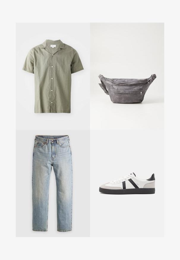Korte mouwen, knoopshirt in olijfgroen, lichtgewicht stof met een kraag, voorzien van vijf witte knopen en een relaxte pasvorm.; Lichtblauwe denim jeans met hoge taille, frontknop, rits en vijfzakkenontwerp, plat gelegd op een neutrale achtergrond.; Witte sneaker met zwarte en grijze accenten, voorzien van een grijze neus met textuur, zwarte rubberen zool en platte witte veters. Schoon ontwerp, minimalistische stijl.; Grijze suède heuptas met een ronde vorm, twee met rits afgesloten compartimenten en een verstelbare band. Voorzien van metalen accenten.