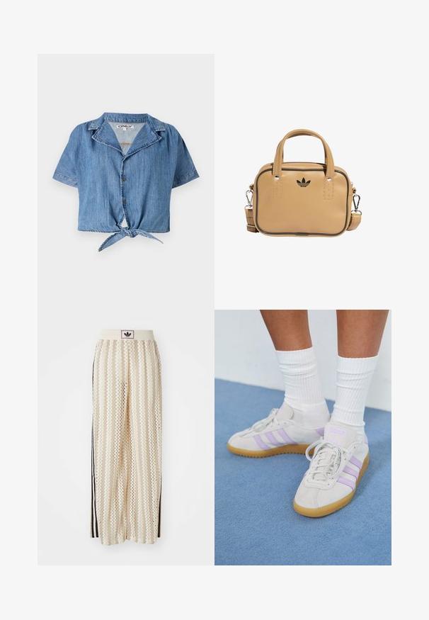 Short-sleeve cropped shirt in light blue denim, featuring a pointed collar, button front, and tied knot accent at the hem.; Cream-colored wide-leg pants with a zigzag pattern, featuring a black logo waistband and side black stripes. Lightweight, textured fabric.; Light gray suede sneakers with three lilac stripes, gum rubber sole, flat laces, and white ribbed socks. Set against a blue background.; Tan vegan leather bag with two handles, detachable shoulder strap, black accent stitching, and a small black logo on the front.