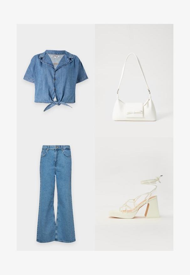 Šviesiai mėlynas džinsinis trumpomis rankovėmis nupjautas marškinėliai su smailiu apykakle, sagų priekyje ir mazgu dekoruotame krašte.; Šviesiai mėlynos flared džinsai, pagaminti iš džinsinio audinio, su aukštu liemeniu, penkiomis kišenėmis ir vienu mygtuko užsegimu. Minkštas paviršius su išblukusiu efektu.; Balti aukštakulniai sandalai su masyviu kulnu, su dirželių dizainu ir kulkšnies raiščiu. Lygi tekstūra su platforma priekyje, suteikianti papildomą aukštį.; Balta sintetinė rankinė trikampio formos, plokščiu priekiu su užsegimu, kaspino detale, reguliuojama dirželiu, lygia tekstūra ir minimalistišku dizainu.