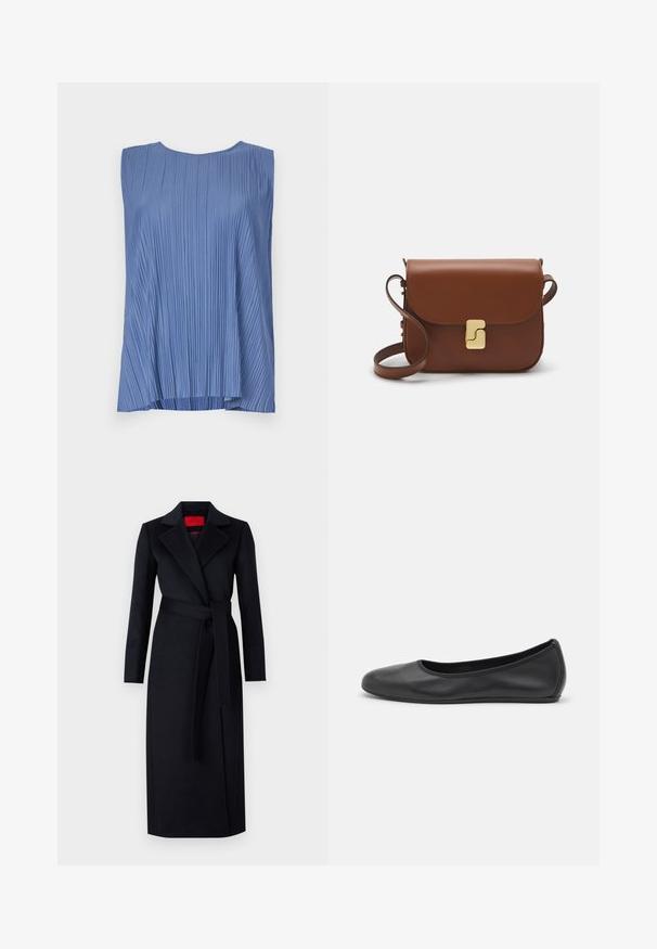Ärmelloses blaues Top aus plissiertem Stoff, mit rundem Ausschnitt und lockerer Passform, mit vertikalen Linien, die texturgebend wirken.; Weißes kurzärmliges T-Shirt aus geripptem Stoff. Runder Halsausschnitt, normale Passform und dezente Nähte. Keine Muster oder Grafiken.; Schwarzer Trenchcoat mit langen Ärmeln, Wickeldesign und passendem Gürtel. Aus glattem Stoff gefertigt, verfügt er über einen Reverskragen und seitliche Taschen.; Schwarze Leder-Ballettschuhe mit abgerundeter Spitze, glatter Textur, minimalen Nähdetails und einem flexiblen Sohlen-Design.; Braune Ledertasche mit Klappenverschluss, Beschlägen in Goldfarbe, einem Schultergurt und einer glatten Oberfläche. Kompakte rechteckige Form.