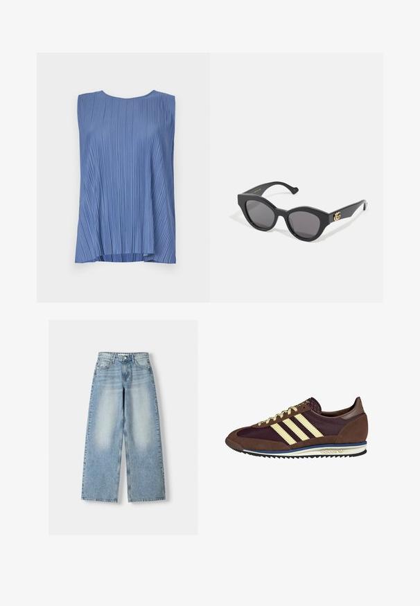 Bezramenný modrý top vyrobený z volánkovanej látky, s okrúhlym výstrihom a voľným strihom, s vertikálnymi pruhmi vytvárajúcimi textúru po celom povrchu.; Svetlomodré džínsy s širokými nohavicami a vysokým pásom, so zúženým vzhľadom, piatimi vreckami a rovnými nohavicami.; Hnedé a bordové tenisky z semišu a sieťoviny, s tromi krémovými pruhmi, textúrovanou tkaninou na jazyku a gumovou podrážkou.; Čierne slnečné okuliare s ostrým tvarom mačacieho oka, s tmavými tónovanými sklami. Zlatý logo akcent na stranici. Hladký plastový rám.; Zelená kožená peňaženka so zipsom, hladkou textúrou a strieborným logom "Calvin Klein" na prednej strane, s obdĺžnikovým tvarom.