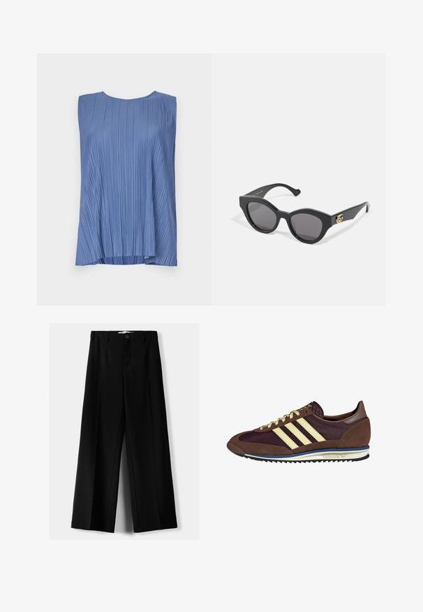 Ärmelloses blaues Top aus plissiertem Stoff, mit rundem Ausschnitt und lockerer Passform, mit vertikalen Linien, die texturgebend wirken.; Schwarze weite Hosen aus leichtem Stoff, mit einem Knopfverschluss vorne und flachem Bund, mit sorgfältig genähten Säumen.; Braune und burgunderfarbene Sneaker aus Wildleder und Mesh-Materialien, mit drei cremefarbenen Streifen, strukturiertem Stoff an der Zunge und einer Gummisohle.; Schwarze Sonnenbrille mit einem eckigen Katzenaugen-Design, ausgestattet mit dunkeltönenden Gläsern. Goldene Logo-Akzentuierung an dem Bügel. Glatter Kunststoffrahmen.