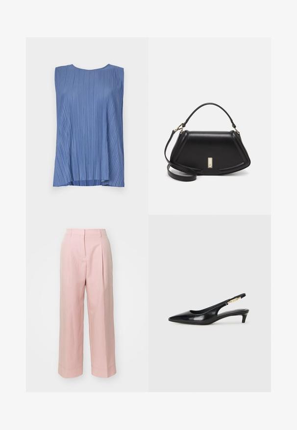 Top sin mangas de color azul, hecho de tela plisada, con un escote redondo y un corte holgado, con líneas verticales que crean textura en toda la prenda.; Pantalones de pierna ancha en rosa pálido con una cintura alta, pliegues en el delantero y detalles de dobladillo cosidos. Hechos de una tela suave y ligera.; Tacones negros de piel sintética tipo slingback con punta afilada, que cuentan con un tacón delgado y un detalle en tono dorado en la correa ajustable. Textura suave.; Bolso de mano de cuero negro con un diseño estructurado, que presenta una forma recortada, asa superior y acentos en dorado. Correa de hombro ajustable incluida.